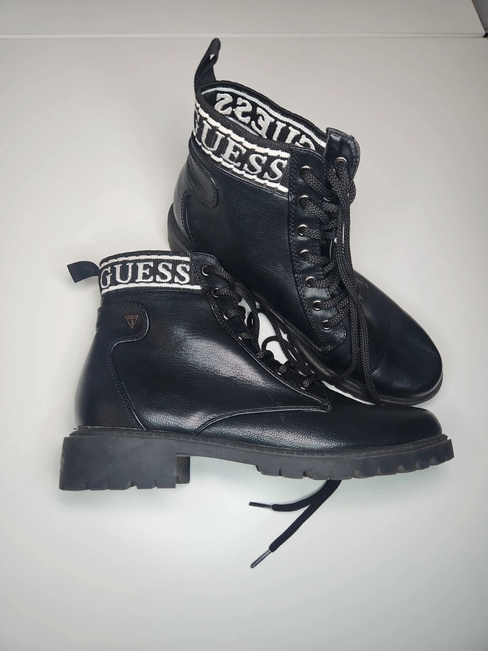 Guess Black Leather Combat Boots with Logo Knit Ankle